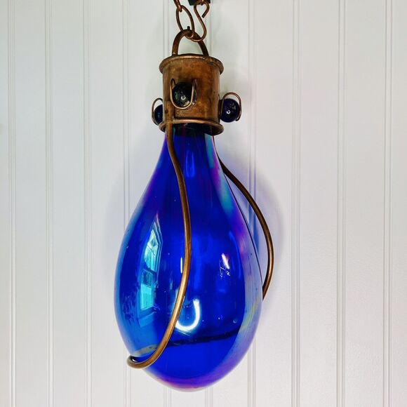 Hanging Garden Carnival Glass Art Deco Iridescent Blue Teardrop Globe Copper